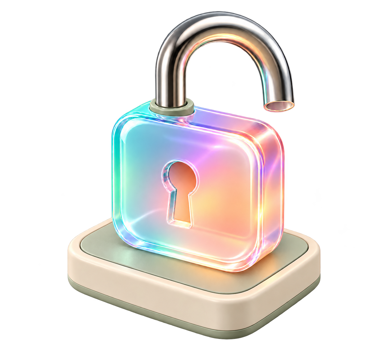 An iridescent glass padlock on a cream base